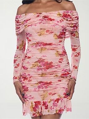Premier Pink Floral Off-Shoulder Long Sleeve Ruched Dress